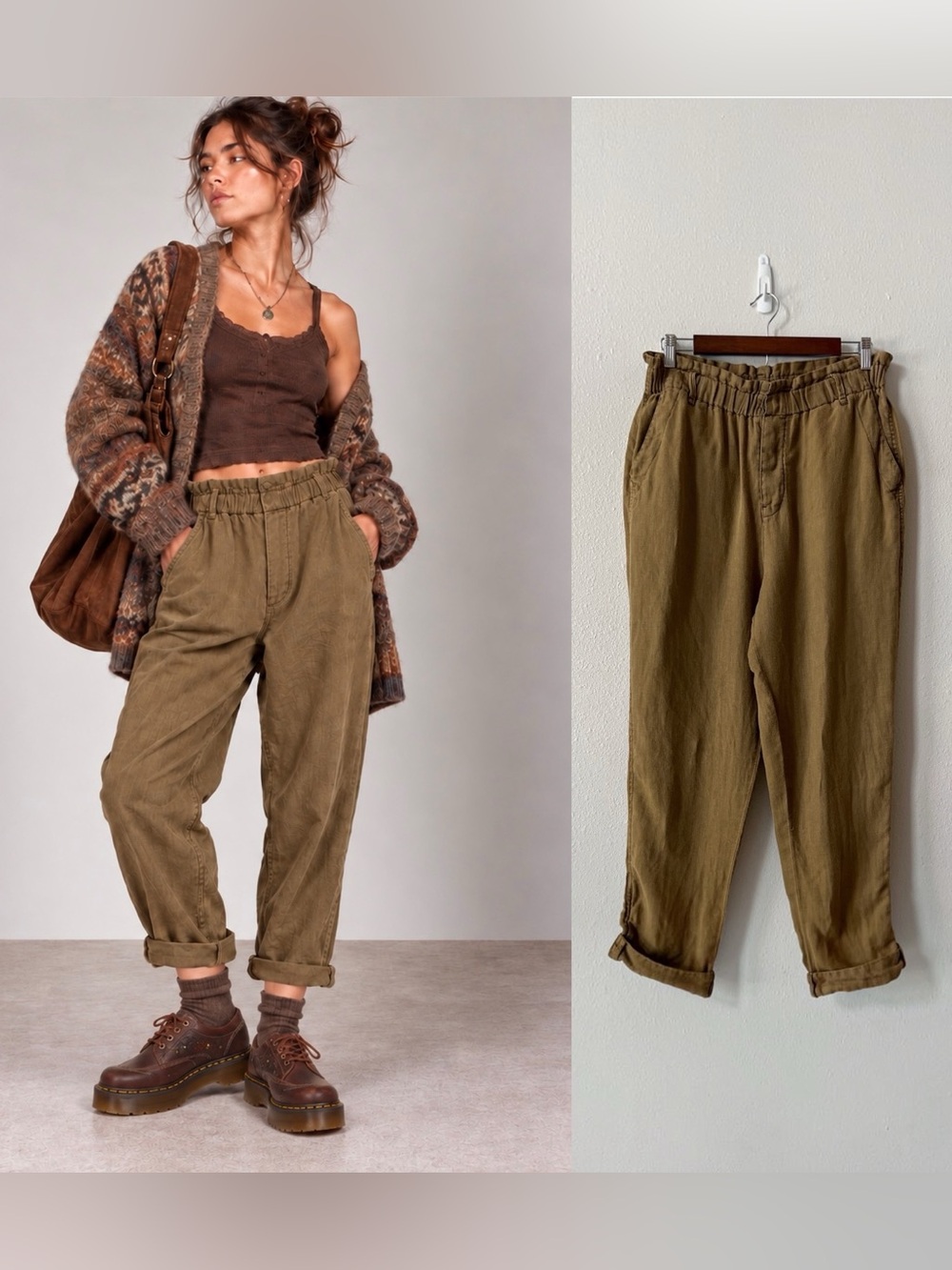 Free People 100% Linen Pants M Olive Brown Paperbag Waist Cropped Casual Boho